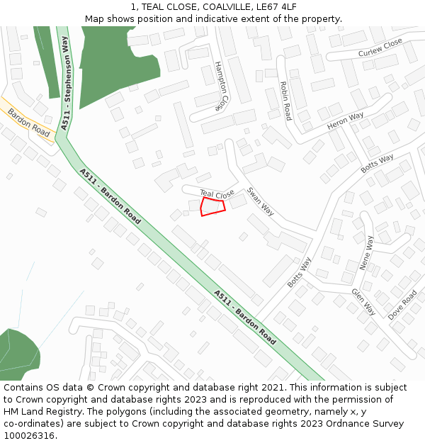 1, TEAL CLOSE, COALVILLE, LE67 4LF: Location map and indicative extent of plot