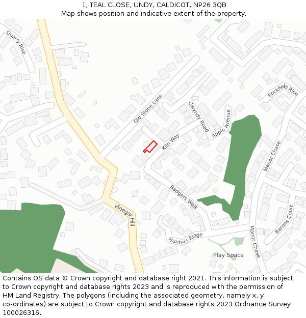 1, TEAL CLOSE, UNDY, CALDICOT, NP26 3QB: Location map and indicative extent of plot