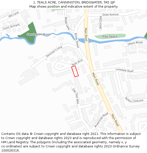 1, TEALS ACRE, CANNINGTON, BRIDGWATER, TA5 2JP: Location map and indicative extent of plot