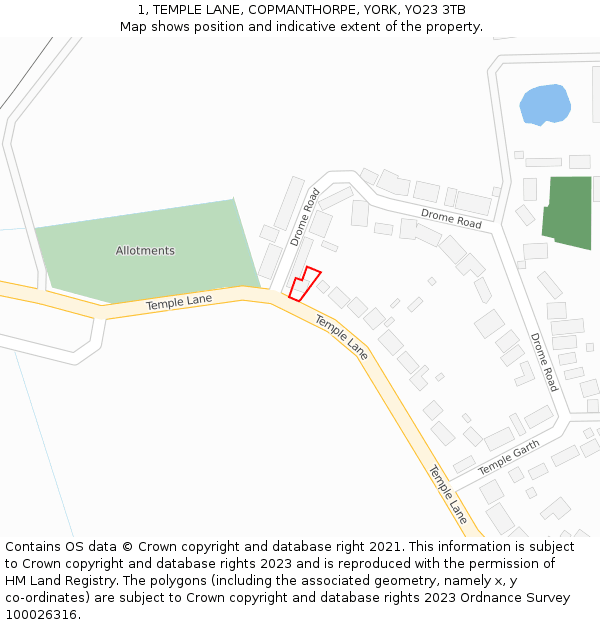 1, TEMPLE LANE, COPMANTHORPE, YORK, YO23 3TB: Location map and indicative extent of plot