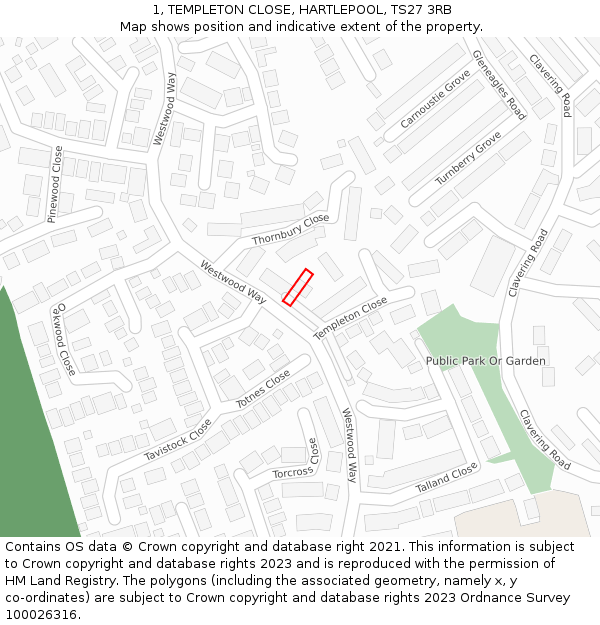 1, TEMPLETON CLOSE, HARTLEPOOL, TS27 3RB: Location map and indicative extent of plot