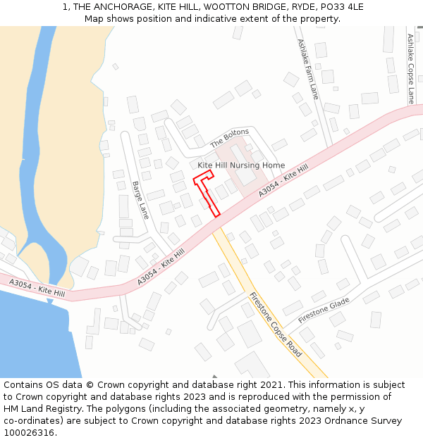 1, THE ANCHORAGE, KITE HILL, WOOTTON BRIDGE, RYDE, PO33 4LE: Location map and indicative extent of plot