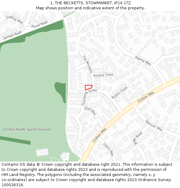 1, THE BECKETTS, STOWMARKET, IP14 1TZ: Location map and indicative extent of plot