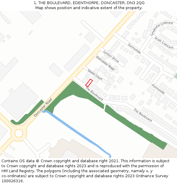 1, THE BOULEVARD, EDENTHORPE, DONCASTER, DN3 2QG: Location map and indicative extent of plot