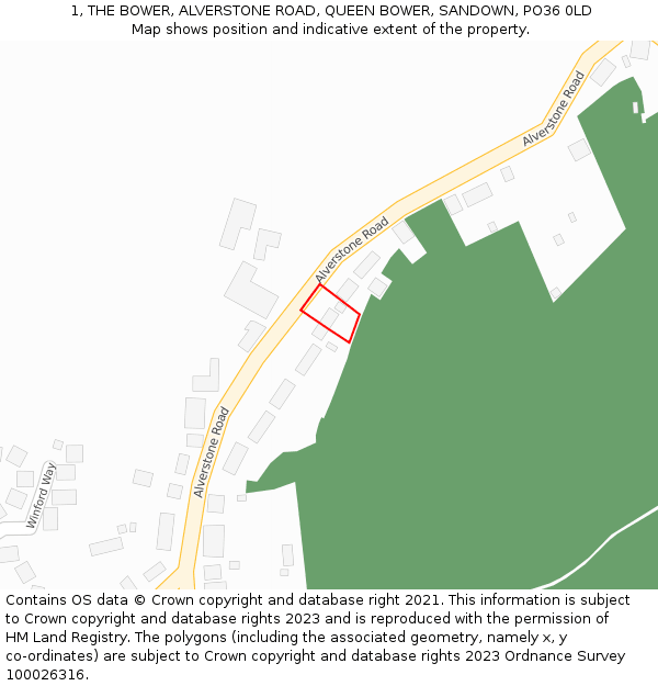 1, THE BOWER, ALVERSTONE ROAD, QUEEN BOWER, SANDOWN, PO36 0LD: Location map and indicative extent of plot