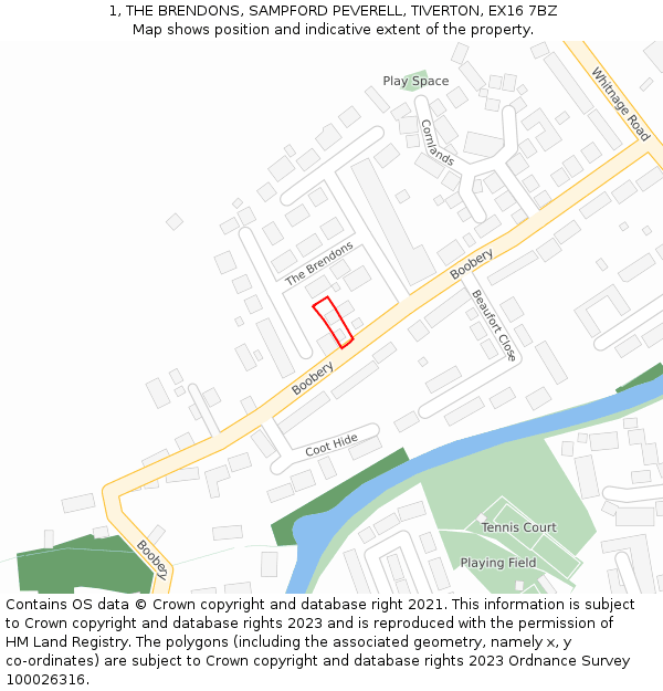 1, THE BRENDONS, SAMPFORD PEVERELL, TIVERTON, EX16 7BZ: Location map and indicative extent of plot