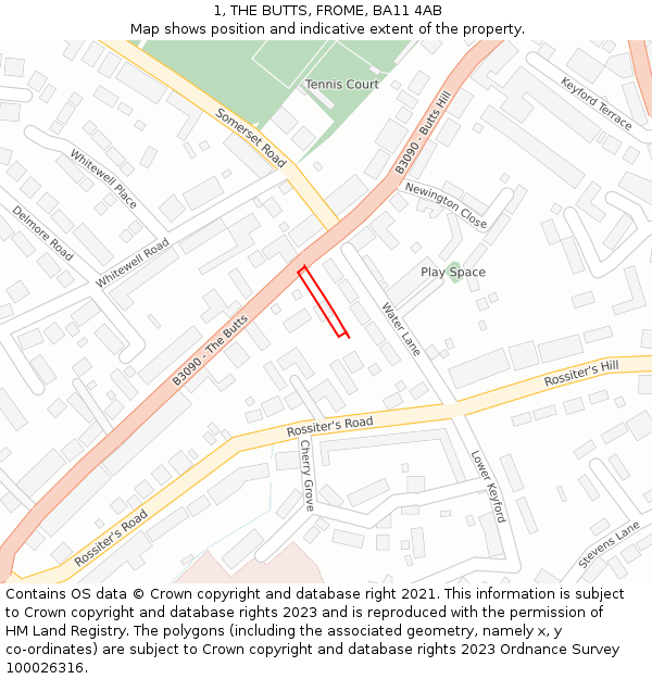 1, THE BUTTS, FROME, BA11 4AB: Location map and indicative extent of plot