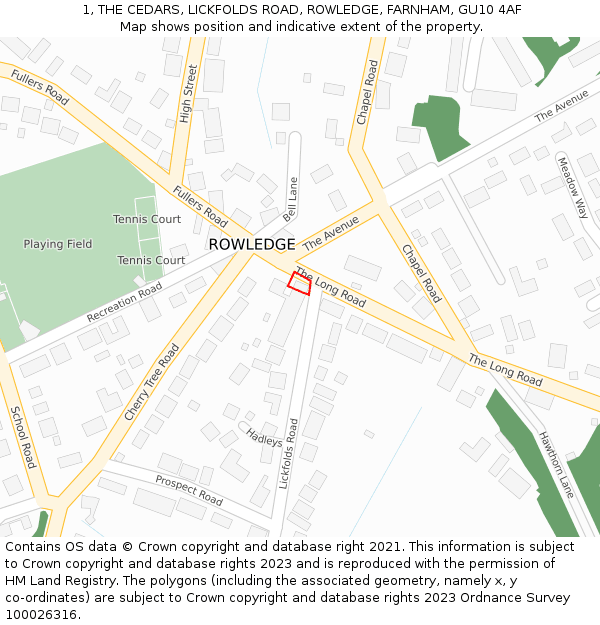 1, THE CEDARS, LICKFOLDS ROAD, ROWLEDGE, FARNHAM, GU10 4AF: Location map and indicative extent of plot