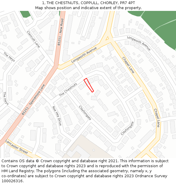 1, THE CHESTNUTS, COPPULL, CHORLEY, PR7 4PT: Location map and indicative extent of plot