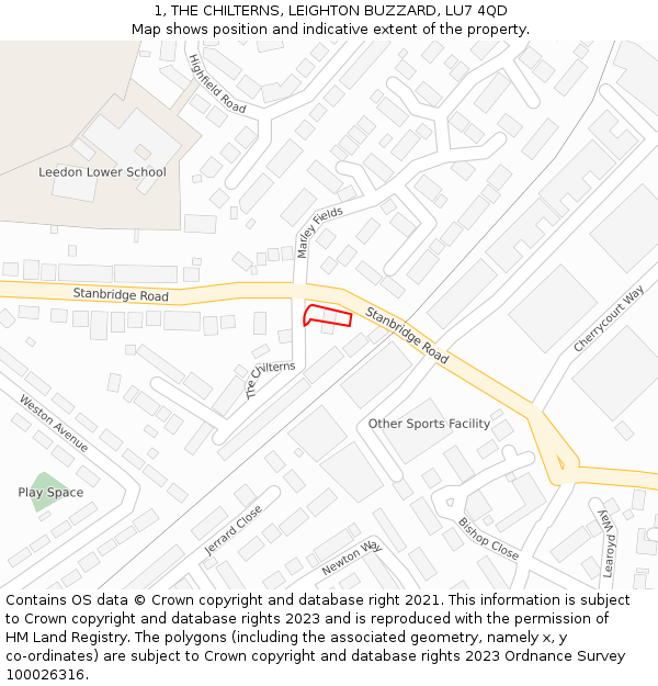 1, THE CHILTERNS, LEIGHTON BUZZARD, LU7 4QD: Location map and indicative extent of plot