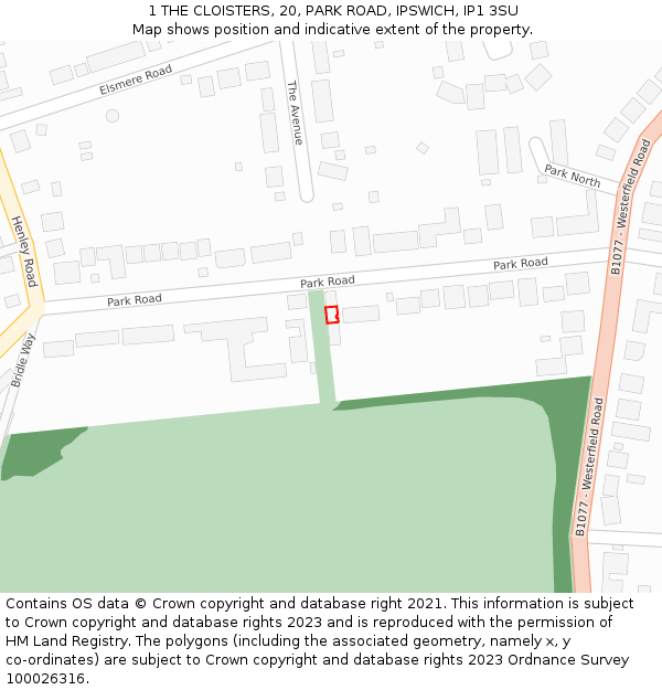 1 THE CLOISTERS, 20, PARK ROAD, IPSWICH, IP1 3SU: Location map and indicative extent of plot