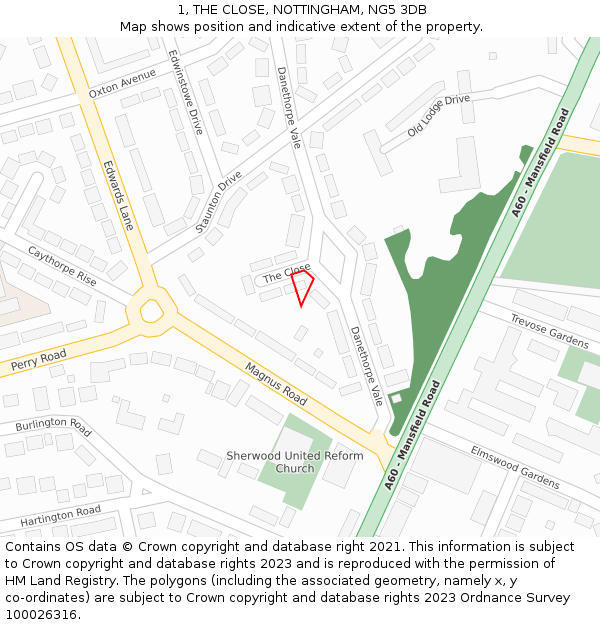 1, THE CLOSE, NOTTINGHAM, NG5 3DB: Location map and indicative extent of plot