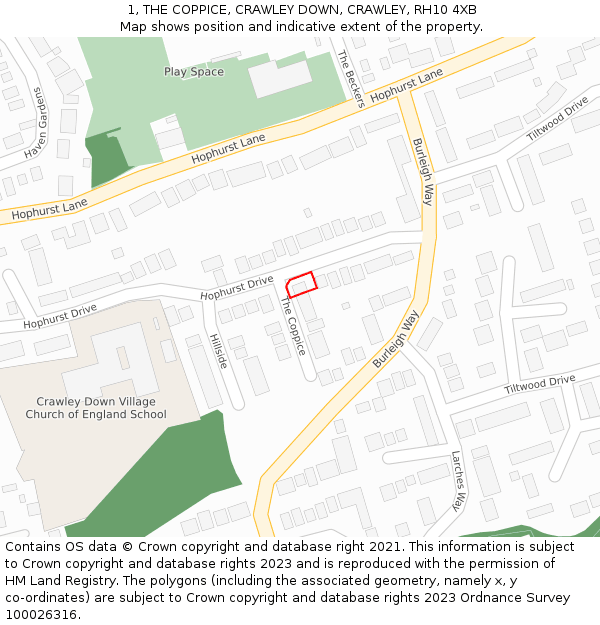 1, THE COPPICE, CRAWLEY DOWN, CRAWLEY, RH10 4XB: Location map and indicative extent of plot