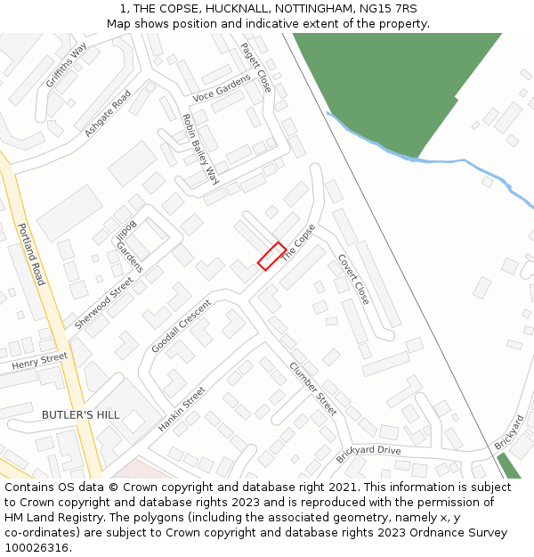 1, THE COPSE, HUCKNALL, NOTTINGHAM, NG15 7RS: Location map and indicative extent of plot