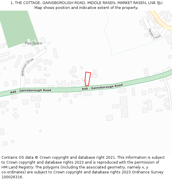 1, THE COTTAGE, GAINSBOROUGH ROAD, MIDDLE RASEN, MARKET RASEN, LN8 3JU: Location map and indicative extent of plot