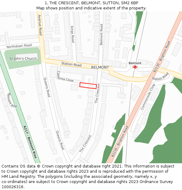 1, THE CRESCENT, BELMONT, SUTTON, SM2 6BP: Location map and indicative extent of plot