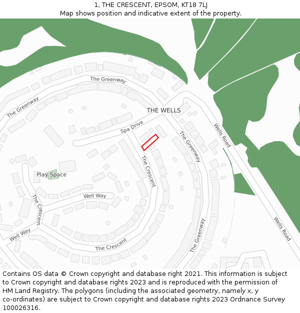 1, THE CRESCENT, EPSOM, KT18 7LJ: Location map and indicative extent of plot