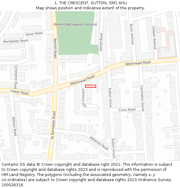 1, THE CRESCENT, SUTTON, SM1 4HU: Location map and indicative extent of plot