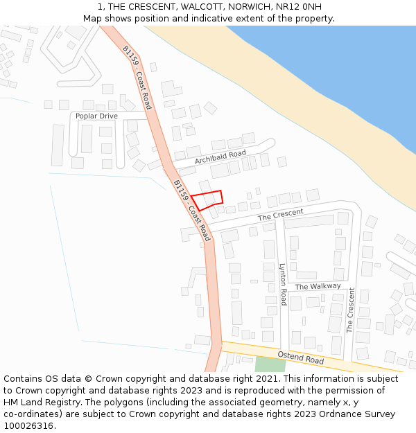 1, THE CRESCENT, WALCOTT, NORWICH, NR12 0NH: Location map and indicative extent of plot
