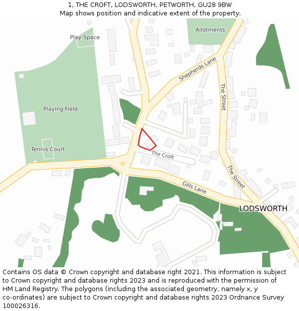 1, THE CROFT, LODSWORTH, PETWORTH, GU28 9BW: Location map and indicative extent of plot