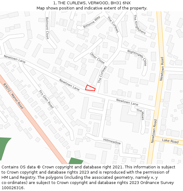 1, THE CURLEWS, VERWOOD, BH31 6NX: Location map and indicative extent of plot