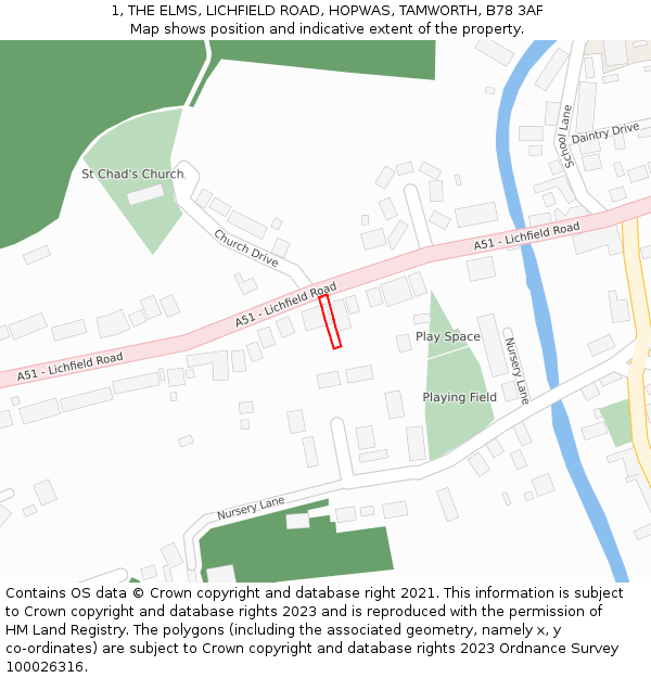 1, THE ELMS, LICHFIELD ROAD, HOPWAS, TAMWORTH, B78 3AF: Location map and indicative extent of plot