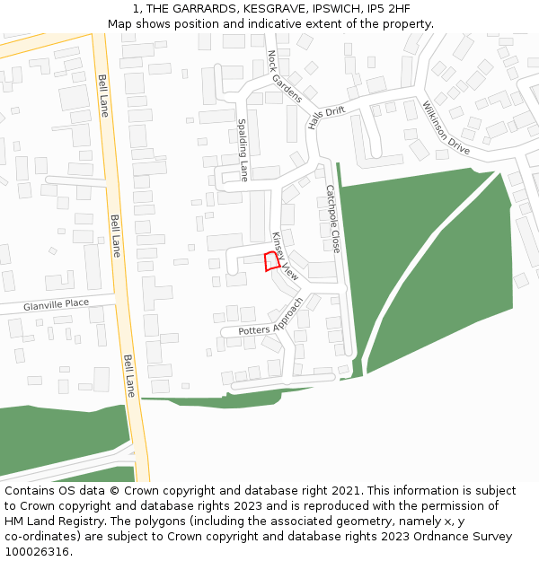 1, THE GARRARDS, KESGRAVE, IPSWICH, IP5 2HF: Location map and indicative extent of plot