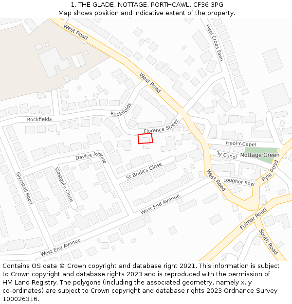 1, THE GLADE, NOTTAGE, PORTHCAWL, CF36 3PG: Location map and indicative extent of plot