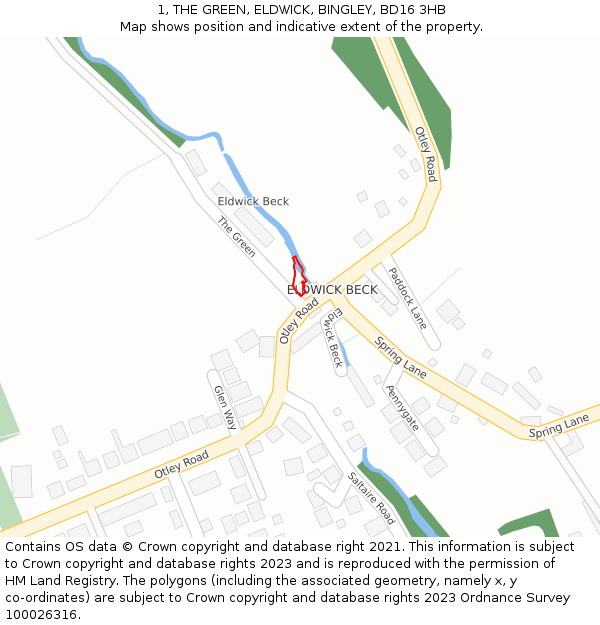 1, THE GREEN, ELDWICK, BINGLEY, BD16 3HB: Location map and indicative extent of plot