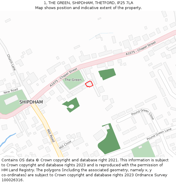 1, THE GREEN, SHIPDHAM, THETFORD, IP25 7LA: Location map and indicative extent of plot