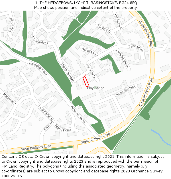 1, THE HEDGEROWS, LYCHPIT, BASINGSTOKE, RG24 8FQ: Location map and indicative extent of plot