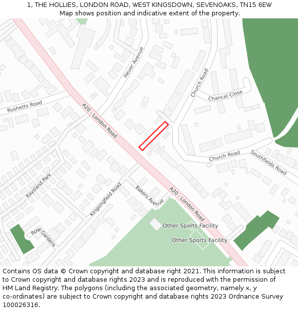 1, THE HOLLIES, LONDON ROAD, WEST KINGSDOWN, SEVENOAKS, TN15 6EW: Location map and indicative extent of plot