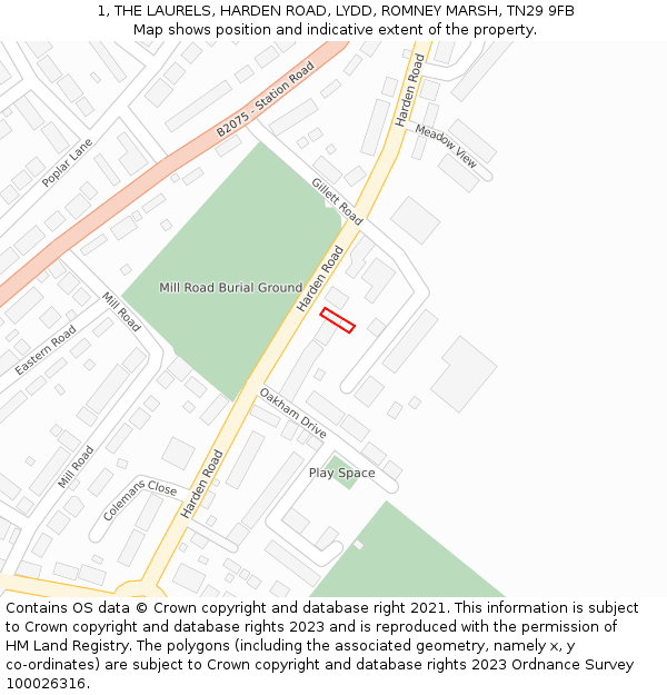 1, THE LAURELS, HARDEN ROAD, LYDD, ROMNEY MARSH, TN29 9FB: Location map and indicative extent of plot