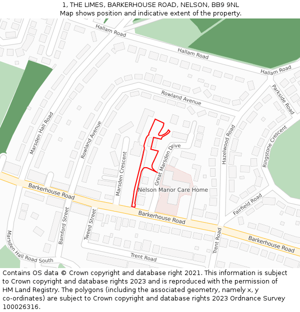 1, THE LIMES, BARKERHOUSE ROAD, NELSON, BB9 9NL: Location map and indicative extent of plot