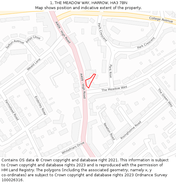 1, THE MEADOW WAY, HARROW, HA3 7BN: Location map and indicative extent of plot