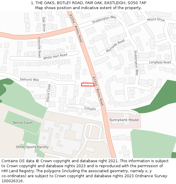 1, THE OAKS, BOTLEY ROAD, FAIR OAK, EASTLEIGH, SO50 7AP: Location map and indicative extent of plot