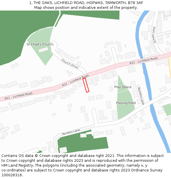 1, THE OAKS, LICHFIELD ROAD, HOPWAS, TAMWORTH, B78 3AF: Location map and indicative extent of plot