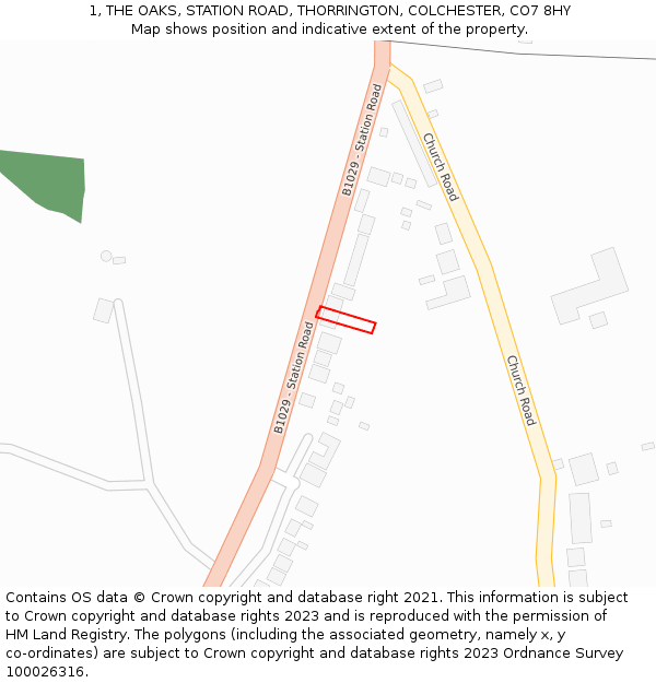 1, THE OAKS, STATION ROAD, THORRINGTON, COLCHESTER, CO7 8HY: Location map and indicative extent of plot