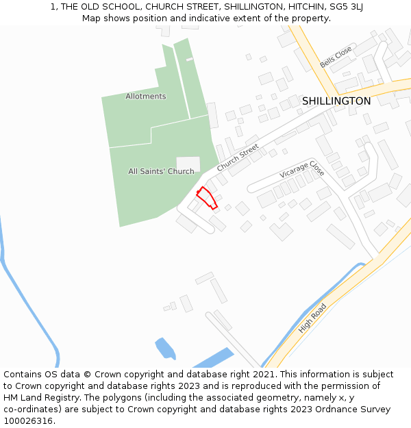 1, THE OLD SCHOOL, CHURCH STREET, SHILLINGTON, HITCHIN, SG5 3LJ: Location map and indicative extent of plot