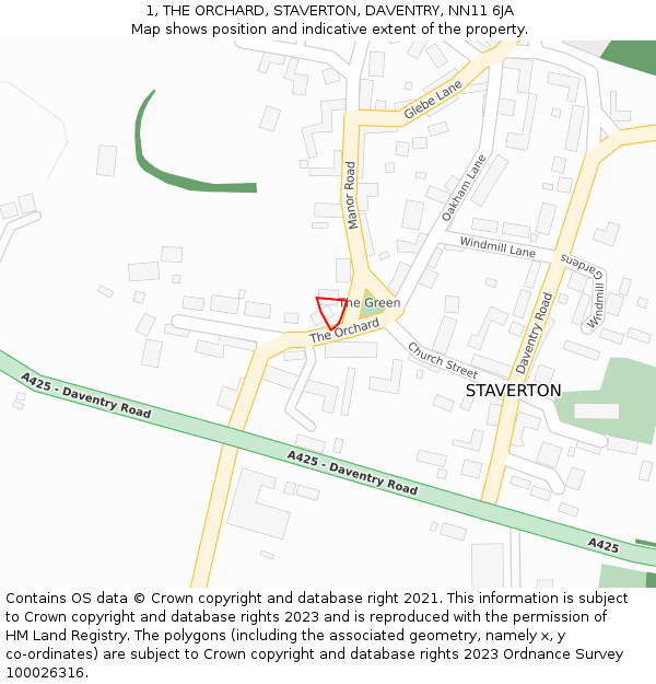 1, THE ORCHARD, STAVERTON, DAVENTRY, NN11 6JA: Location map and indicative extent of plot