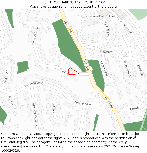 1, THE ORCHARDS, BINGLEY, BD16 4AZ: Location map and indicative extent of plot