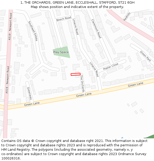 1, THE ORCHARDS, GREEN LANE, ECCLESHALL, STAFFORD, ST21 6GH: Location map and indicative extent of plot