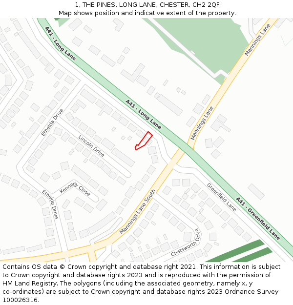 1, THE PINES, LONG LANE, CHESTER, CH2 2QF: Location map and indicative extent of plot