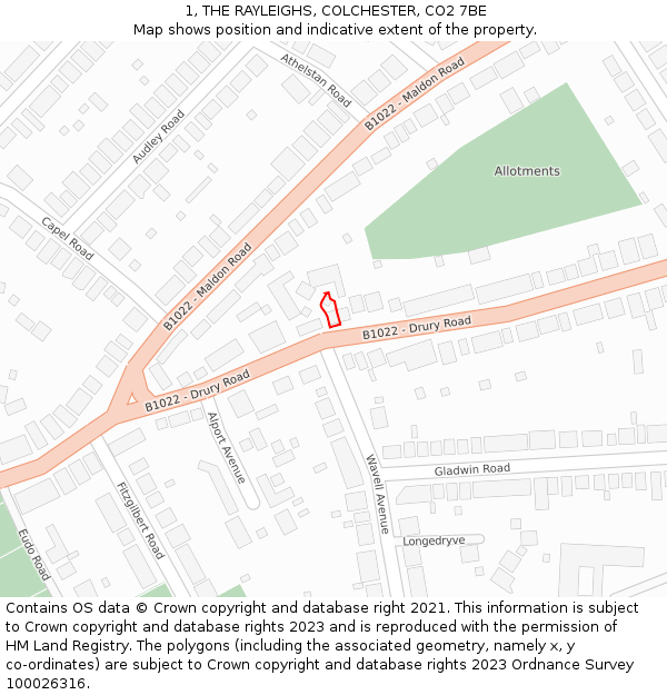 1, THE RAYLEIGHS, COLCHESTER, CO2 7BE: Location map and indicative extent of plot