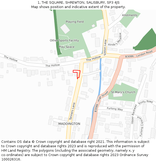 1, THE SQUARE, SHREWTON, SALISBURY, SP3 4JS: Location map and indicative extent of plot