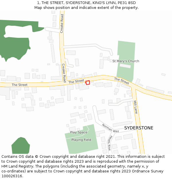 1, THE STREET, SYDERSTONE, KING'S LYNN, PE31 8SD: Location map and indicative extent of plot