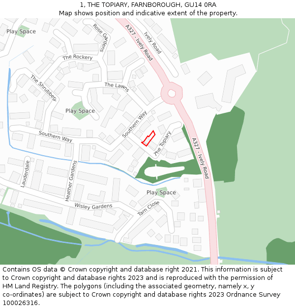 1, THE TOPIARY, FARNBOROUGH, GU14 0RA: Location map and indicative extent of plot