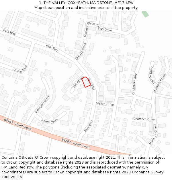 1, THE VALLEY, COXHEATH, MAIDSTONE, ME17 4EW: Location map and indicative extent of plot