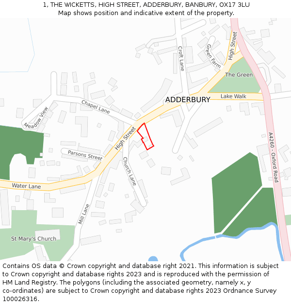 1, THE WICKETTS, HIGH STREET, ADDERBURY, BANBURY, OX17 3LU: Location map and indicative extent of plot