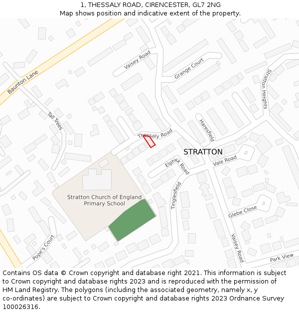 1, THESSALY ROAD, CIRENCESTER, GL7 2NG: Location map and indicative extent of plot